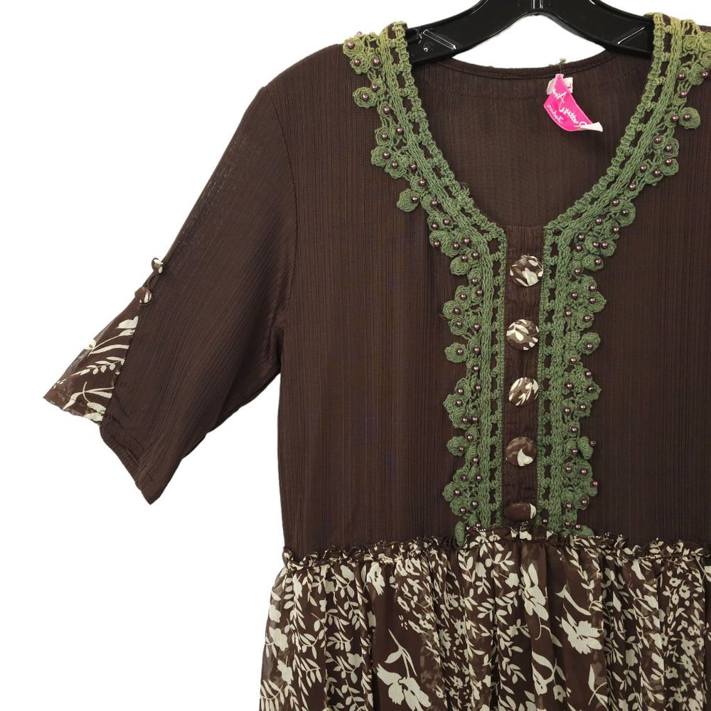 Pretty Angel Chocolate Floral Boho Tunic Top Womens L Crochet Trim Button Detail - Picture 10 of 15